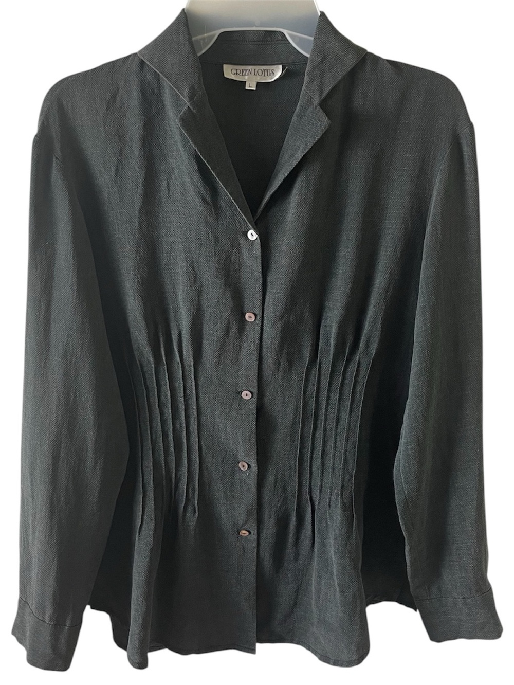 Green Lotus Charcoal Textured Pintuck Button Front Blouse Soft Luxury Casual L